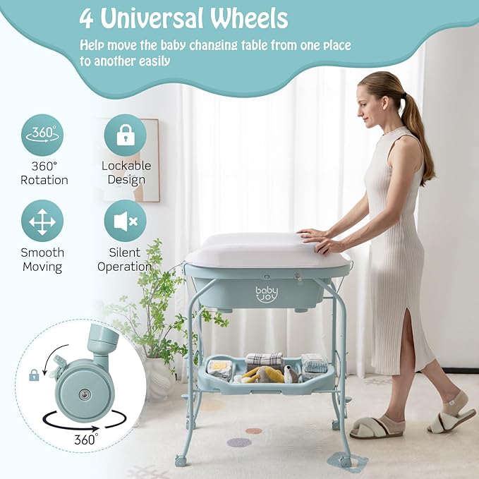 BABY JOY Baby Bathtub with Changing Table, Foldable Infant Diaper Changing Station with Storage Tray, Waterproof Pad, Portable Newborn Nursery Organizer Bath Stand with 4 Universal Wheels (Blue)-CubbioJoy