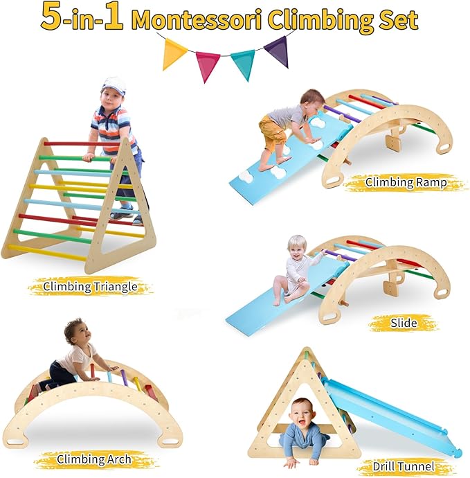 9-in-1 Climbing Triangle Set with Detachable Wooden Climbing Arch for Rocking Horse and Climbing, Indoor Triangle Jungle Playground Gym for Toddlers-CubbioJoy