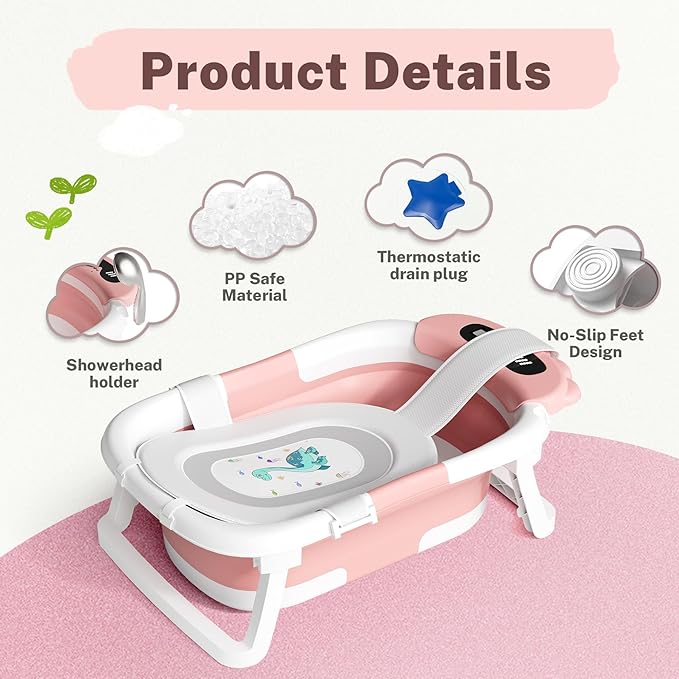 AVIDOR Baby Bathtub,Collapsible Bathtub for Newborn to Toddler,Durable Essential Infant Bath Tub,Portable Travel Baby Tub with Soft Bath Net,No-Slip Feet and Dinosaur Shaped (Pink)-CubbioJoy