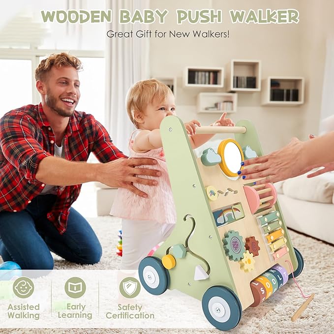 Baby Push Walker, Wooden Baby Walker with Wheels, Montessori Push Walker for Babies 6-12 Months, Push Walking Toys for Boys&Girls 1 Year Old, Gifts for Toddler-CubbioJoy