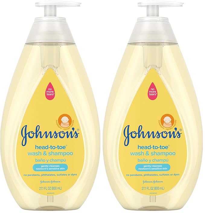Johnson's Head-to-Toe Gentle Tear-Free Baby & Newborn Wash & Shampoo, Sulfate-, Paraben- Phthalate- & Dye-Free, Hypoallergenic Wash for Sensitive Skin & Hair, 27.1 fl. Oz (Pack of 2)-CubbioJoy