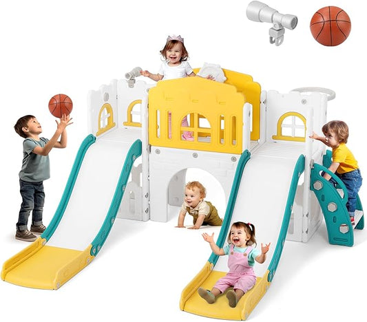 JOYLDIAS 9 in 1 Toddler Slide, Toddler Playground with Double Slides, Climber,Basketball Hoop,Tunnel, Telescope, Storage Space and Non-Slip Step, Indoor Outdoor Backyard Playset for Toddlers Age 1-3+-CubbioJoy