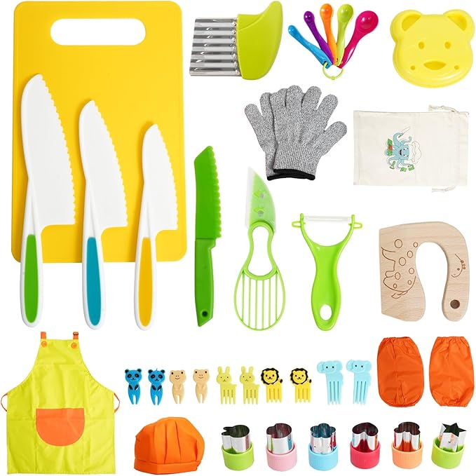 38 Pcs Kids Knife Set, BPA Free Montessori Kitchen Cooking Tools-Kid Safe Knifes, Crinkle Cutters, Avocado Slicer, Cutting Board, Peeler, Apron Gloves Set, Kitchen Tools for 3+ Year Old Girl Boy-CubbioJoy