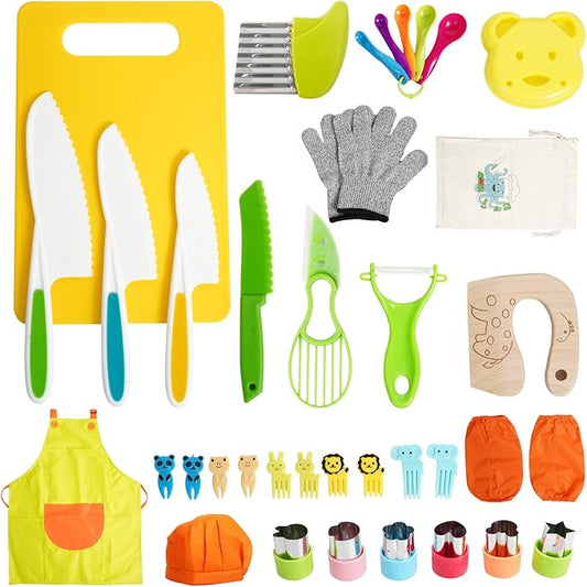 38 Pcs Kids Knife Set, BPA Free Montessori Kitchen Cooking Tools-Kid Safe Knifes, Crinkle Cutters, Avocado Slicer, Cutting Board, Peeler, Apron Gloves Set, Kitchen Tools for 3+ Year Old Girl Boy-CubbioJoy
