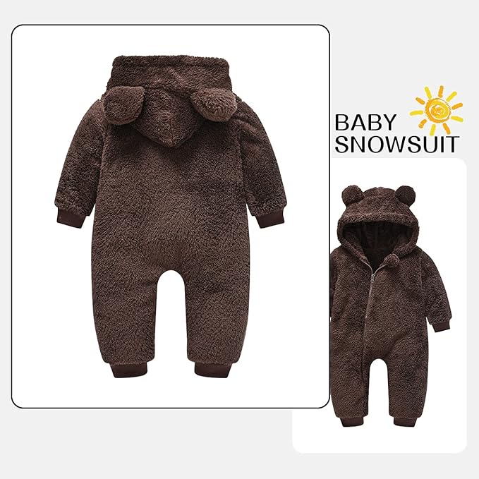 Baby Fleece Jumpsuits Infant Bear Ear Snowsuit Newborn Hooded Romper Warm Coat-CubbioJoy