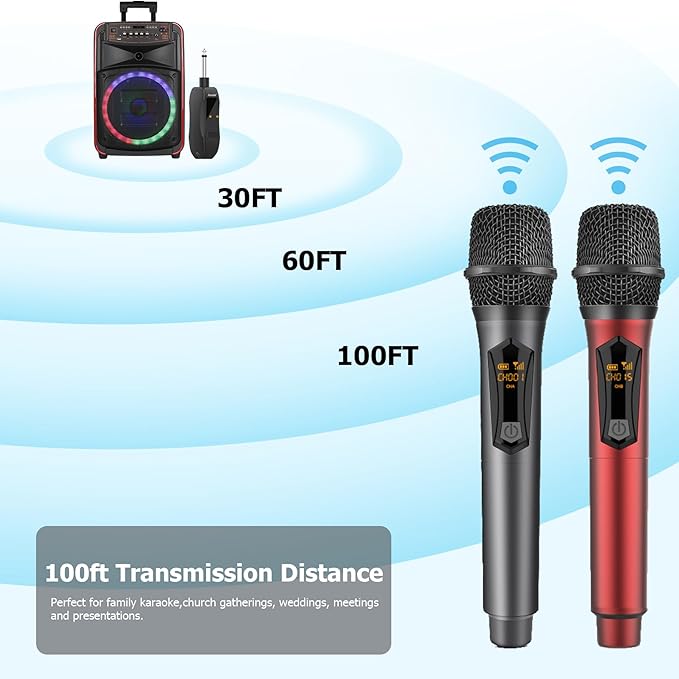 Aveek Wireless Microphone for Karaoke, 2.4GHz Rechargeable Karaoke Microphone(Work 10hs), for Speaker, Karaoke Machine,Church, Speech, Wedding, Party Singing, Grey&Red, 2 Packs-CubbioJoy