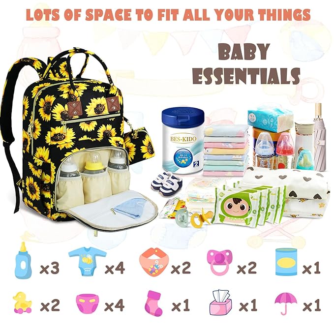 Baby Diaper Bag Backpack, Travel Diaper Bags for Baby Girl Boy Large Capacity Baby Bag Backpack for Women Sunflower-CubbioJoy