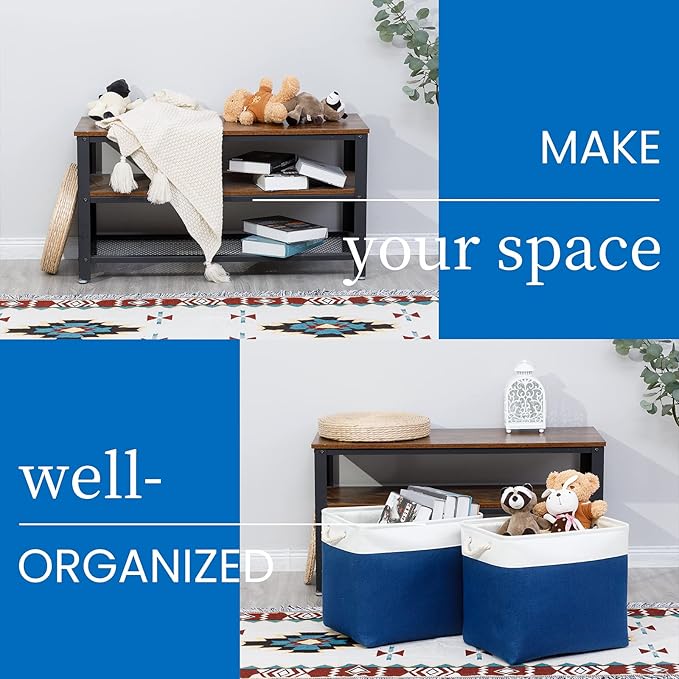 Bidtakay Large Canvas Organization Bins Set of 2 Navy Blue Rectangular Baskets 17x12x15 in for Blankets, Clothes, Towels, Dog Toys Storage-CubbioJoy