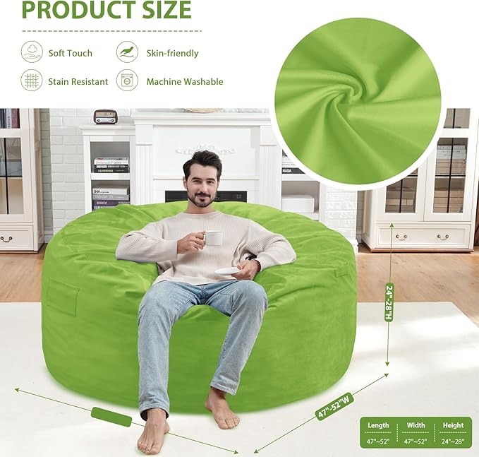 5FT Bean Bag Chair, Large Bean Bag Chairs with Memory Foam Filled, Fluffy Beanbag Sofa with Dutch Velvet Cover, Round BeanBag Chairs for Living Room, Playroom - Lime-CubbioJoy