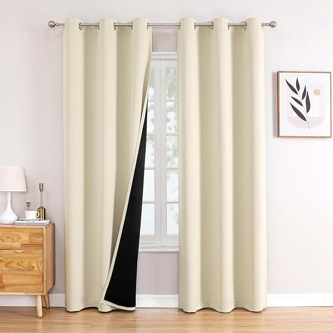 ChrisDowa 100% Blackout Curtains 72 inch Long for Bedroom with Black Liner, 2 Thick Layers Total Blackout Thermal Insulated Grommet Window Curtains 2 Panels Set (Light Beige, 42 x 72 Inch)-CubbioJoy