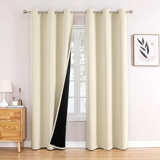 ChrisDowa 100% Blackout Curtains 84 inch Long for Bedroom with Black Liner, 2 Thick Layers Total Blackout Thermal Insulated Grommet Window Curtains 2 Panels Set (Light Beige, 38 x 84 Inch)-CubbioJoy