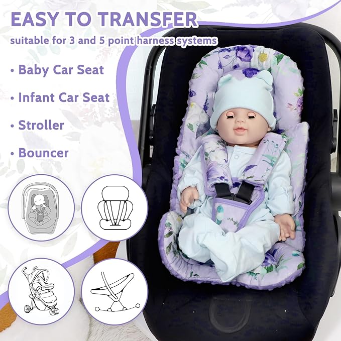 Infant Car Seat Insert and Strap Covers, Very Soft Car Seat Head Support Baby Girl Boy, Reversible Newborn Carseat Insert Cushion Fits for Stroller, Baby Swing, Bouncer (Purple Floral)-CubbioJoy