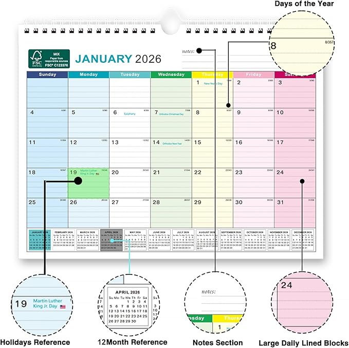 BOCT Wall Calendar 2025-2026 - Includes July 2025 to December 2026-18 Monthly Daily Planner 13 x 9.6 Inches, Julian Dates for New Year Christmas Gifts-CubbioJoy