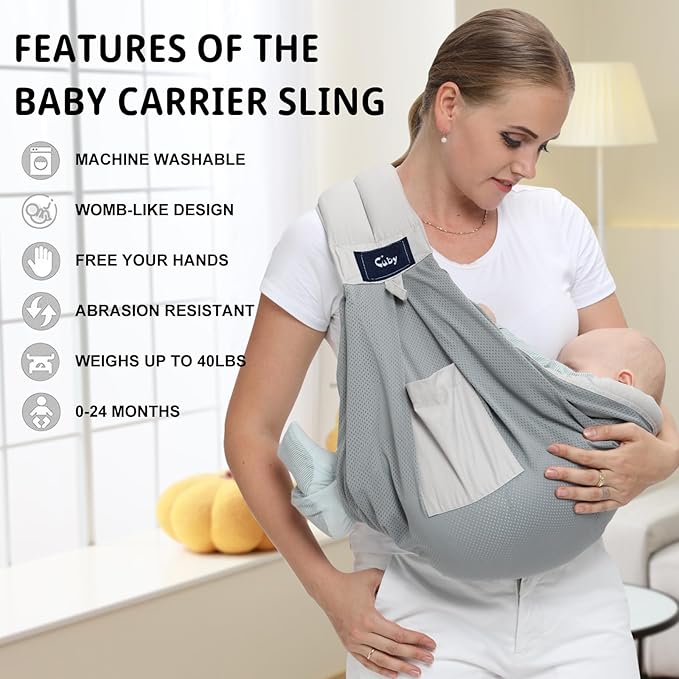 CUBY Mesh Baby Sling Carrier, Breathable Lightweight Baby Wraps Sling with Adjustable Strap- Easy to Wearing Soft Front Facing Baby Slings for Newborn Infant Toddler Carry Up to 40lbs(Gray Mesh)-CubbioJoy