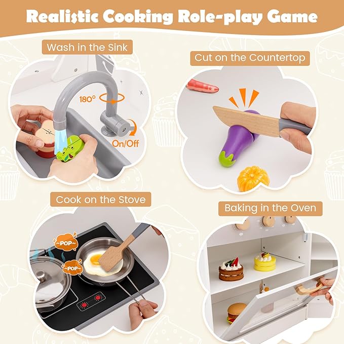 Costzon Corner Kids Kitchen Playset, Wooden Play Kitchen with Sounds & Lights, Washing Machine, Range Hood, Ice Maker, Microwave, Oven, Sink, Pretend Toy Kitchen Set for Toddler, Gift for Boys Girls-CubbioJoy