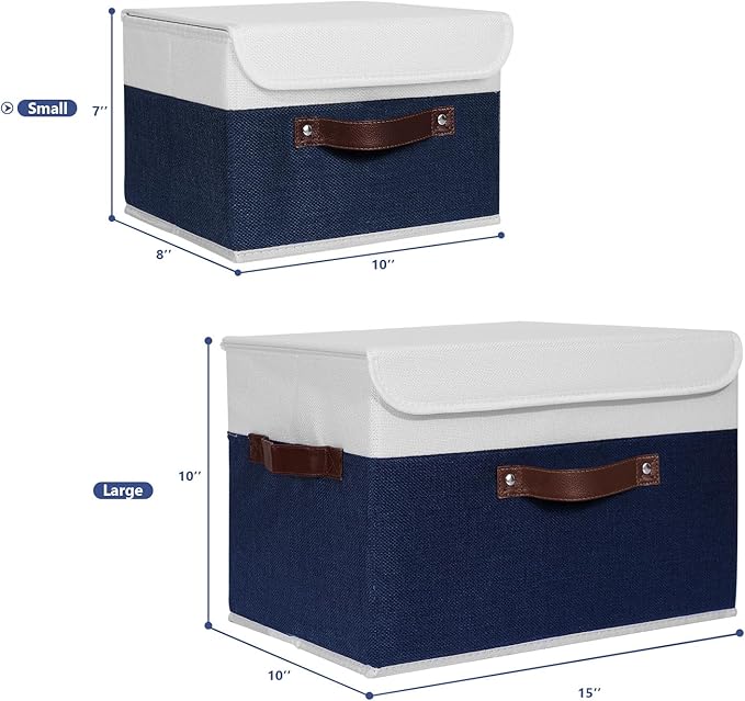 ANMINY Storage Boxes with Lids Washable Decorative Storage Bins Basket with PU Leather Handle Foldable Linen Fabric Storage Cubes Containers for Home Closet Organizer - Deep Blue White, Small Size-CubbioJoy