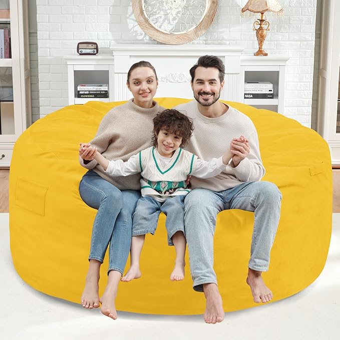 5FT Bean Bag Chair, Large Bean Bag Chairs with Memory Foam Filled, Fluffy Beanbag Sofa with Dutch Velvet Cover, Round BeanBag Chairs for Living Room, Playroom - Lemon-CubbioJoy