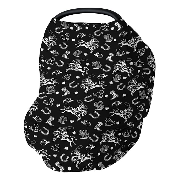 Country Western Car Seat Cover for Baby Cowboy Hat Boots Horse Cactus Stretchy 5-in-1 Covers Adjustable Car Canopy Breastfeeding Cover Wild West Desert Breathable Nursing Cover-Up-CubbioJoy