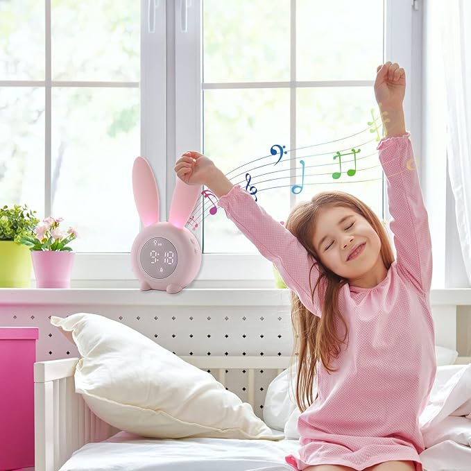 KDtech Kids Alarm Clock with Night Light 6 Ringtones, Cute Pink Bunny Digital Alarm Clock for Kids, Touch Control and Rechargeable Sleep Trainer Clock for Boys Girls Bedroom-CubbioJoy