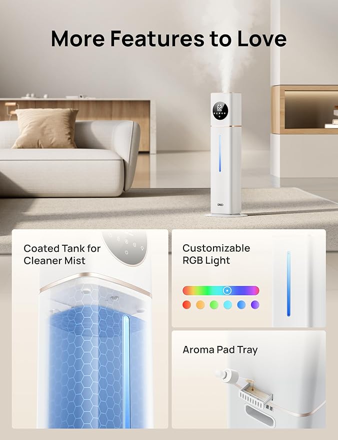 Dreo 11L Smart Humidifier Large Room 700 ft², 100H Cool Mist Air Humidifiers for Bedroom Baby Plants, Top-Fill Self-Cleaning Tank, 26dB, Auto Mode, RGB Light, Remote & APP Control, HM735S White-CubbioJoy