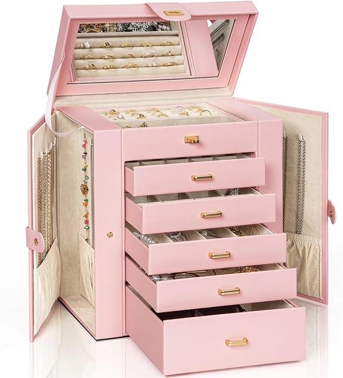 AKOZLIN 6-Tier Jewelry Box Organizer Functional Leather Jewelry Storage Case for Women Girls Ring Necklace Earring Bracelet Holder Organizer with Mirror-CubbioJoy
