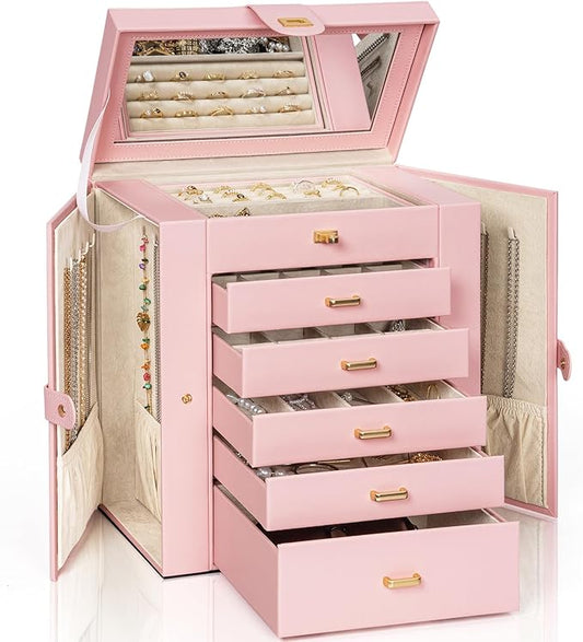 AKOZLIN 6-Tier Jewelry Box Organizer Functional Leather Jewelry Storage Case for Women Girls Ring Necklace Earring Bracelet Holder Organizer with Mirror-CubbioJoy