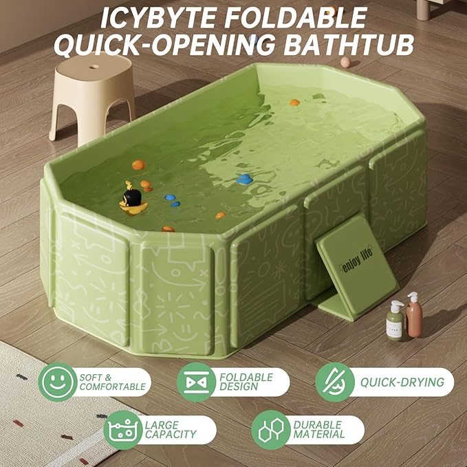 Baby Foldable Kids Bathtub for Infants to Toddler with Non-Slip Base,Easy Storage,Perfect for Small Spaces,Graffiti Green-CubbioJoy