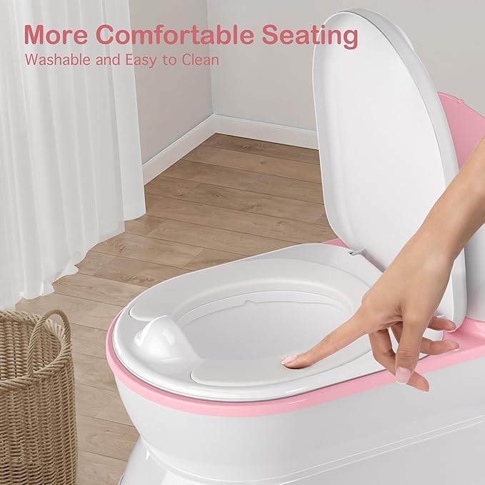 2-in-1 Toddler Potty Training Toilet - Larger Potty Chair & Detachable Training Seat for Boys & Girls Ages 1-3 with Flushing Sound, Wipes Storage, Toilet Paper Holder - Pink-CubbioJoy