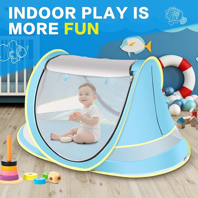 Baby Beach Tent with Baby Hat, Pop Up Toddler Travel Bed with Sun Hat for Boys or Girls, Sun Shade for Toddler Camping, Infant Portable Sun Shade, Summer Beach Baby-CubbioJoy