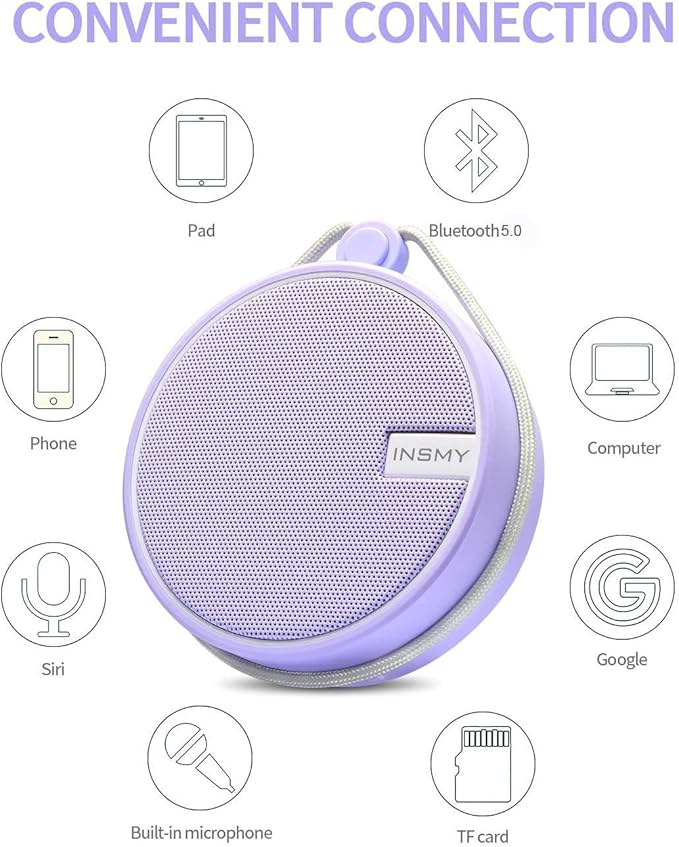 INSMY C12 IPX7 Waterproof Shower Bluetooth Speaker, Portable Small Speaker, Speakers Bluetooth Wireless Loud Clear Sound Support TF Card Suction Cup for Kayak Canoe Beach Gift (Purple)-CubbioJoy