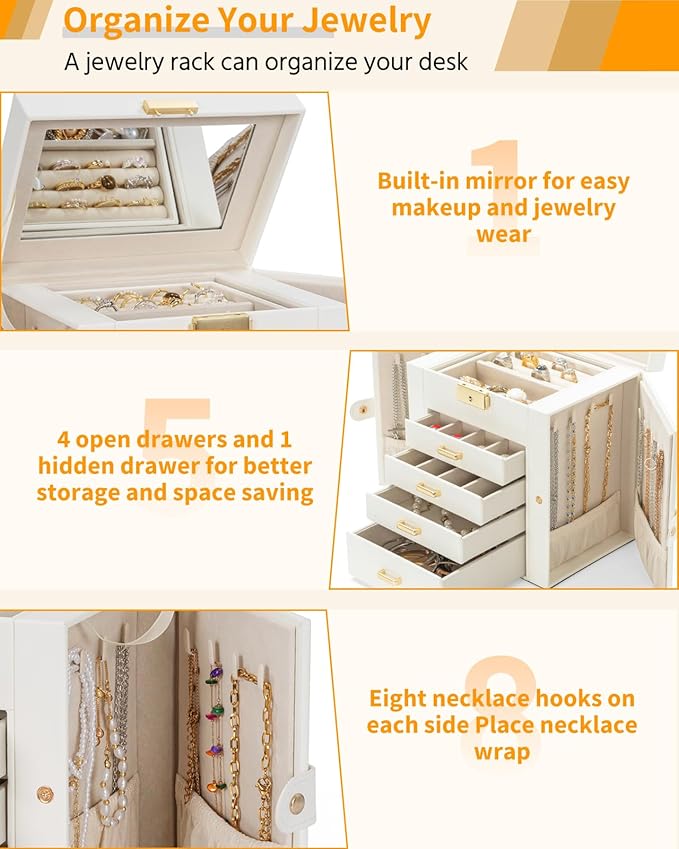 AKOZLIN 5-Tier Jewelry Box Leather Jewelry Storage Organizer with 4 Drawers Lockable for Women Girls Ring Necklace Earring Bracelet Watches Holder with Mirror White-CubbioJoy