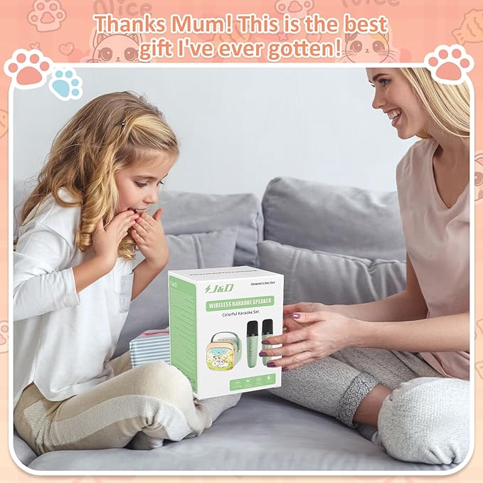 J&D Mini Karaoke Machine for Kids Adults, Portable Bluetooth Speaker with 2 Wireless Mics and Cat Sticker for Girls Boys Age 3–10 Birthday Gifts Princess Toys, Colorful LED, Green-CubbioJoy