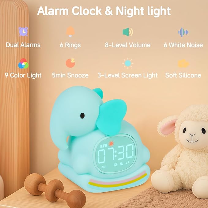 Alarm Clock for Kids with Night Light, Sleep Training Clock Time to Wake Clock, Rechargeable Silicone Light for Bedroom, Perfect Sleep Companion for Boys Girls, Green Elephant-CubbioJoy