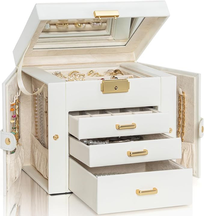 AKOZLIN 4-Tier Jewelry Box Leather Jewelry Storage Organizer with 3 Drawers Lockable for Women Girls Ring Necklace Earring Bracelet Holder with Mirror White-CubbioJoy