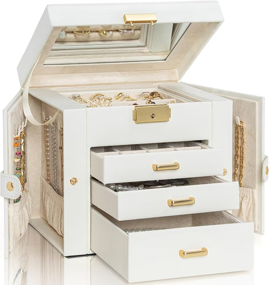 AKOZLIN 4-Tier Jewelry Box Leather Jewelry Storage Organizer with 3 Drawers Lockable for Women Girls Ring Necklace Earring Bracelet Holder with Mirror White-CubbioJoy