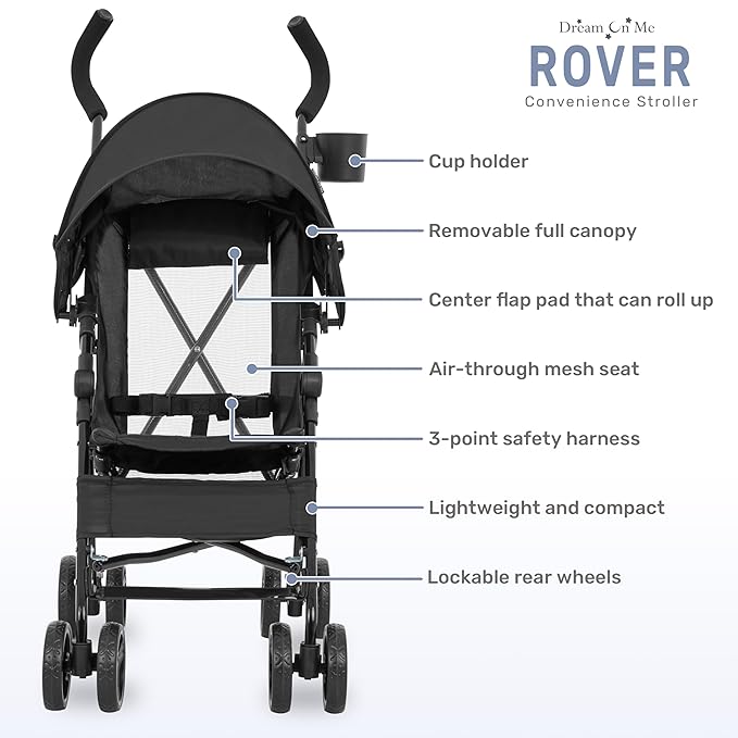 Dream On Me Rover Convenience Baby Stroller in Black, Lightweight & Compact Umbrella Stroller, Easy one-Hand fold Travel Stroller, Lockable Rear Wheels, Removable & Adjustable Canopy-CubbioJoy
