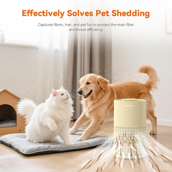 AIRROMI Air Purifier for Bedroom with HEPA Fet Filters, Pet Air Purifiers for Home Cat Pee Smell, Covers Up to 990Ft², Quiet 360° intake Air Cleaner for Allergies Dust Smoke Odor A2001 Yellow-CubbioJoy