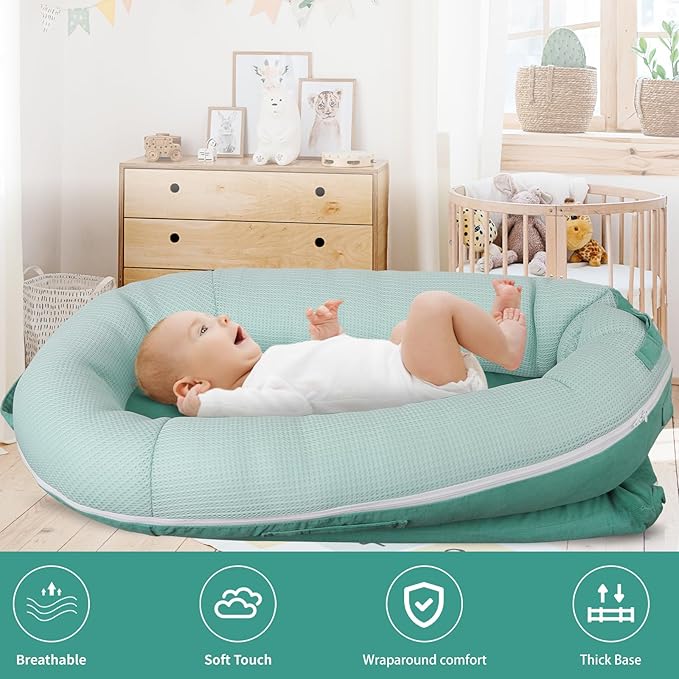 Baby Lounger, Deluxe Infant Lounger, Baby Nest Cover for Baby, Breathable Cotton, Adjustable Baby Floor Seat for Tummy Time, Newborn Essentials for Baby 0-12 Months (Greener)-CubbioJoy