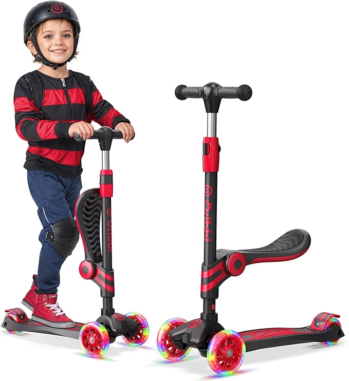 Black and Red 3 Wheel Scooter with Seat for Kids – Light-Up LED Wheels, Adjustable Handlebar and Seat, Smooth PU Wheels, Wide Anti-Slip Deck, Rear Foot Brake – Toddler Outdoor Toys for Ages 2+-CubbioJoy