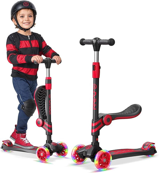 Black and Red 3 Wheel Scooter with Seat for Kids – Light-Up LED Wheels, Adjustable Handlebar and Seat, Smooth PU Wheels, Wide Anti-Slip Deck, Rear Foot Brake – Toddler Outdoor Toys for Ages 2+-CubbioJoy