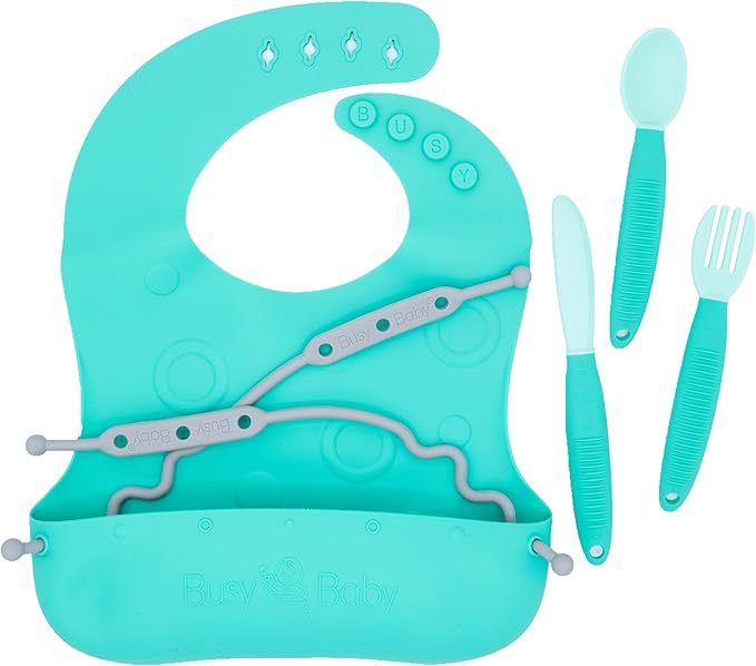 BUSY BABY Bungee Bib & Utensil Set – Adjustable Silicone Bib with Pocket & Tethered Utensils for Babies & Toddlers-CubbioJoy