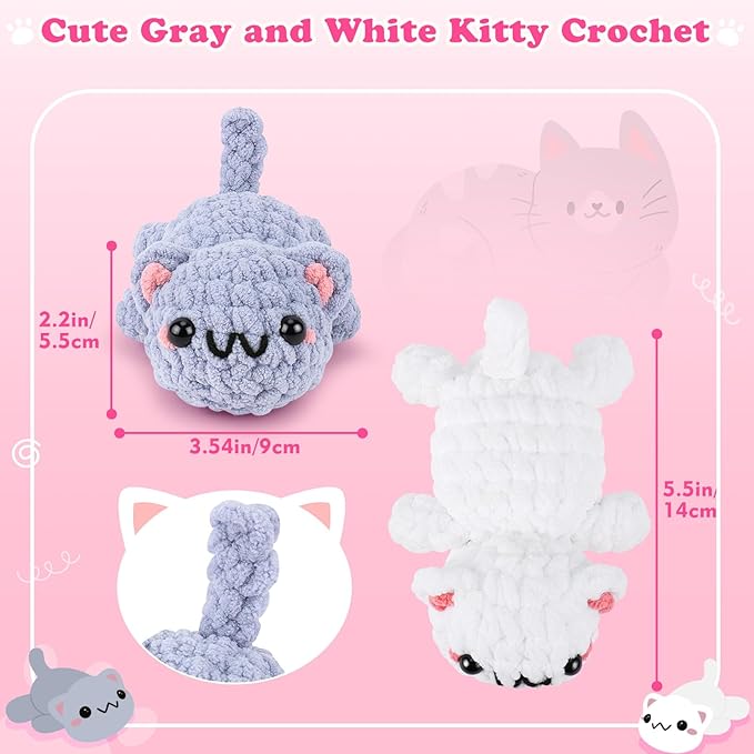 Crochet Kit for Beginners - 2PCS Kitty Crochet Kit with Step-by-Step Video Tutorials, Crochet Starter Kit for Adults and Kids, Learn to Crochet Cat, Beginner Crocheting Kit Easy Peasy Yarn-CubbioJoy