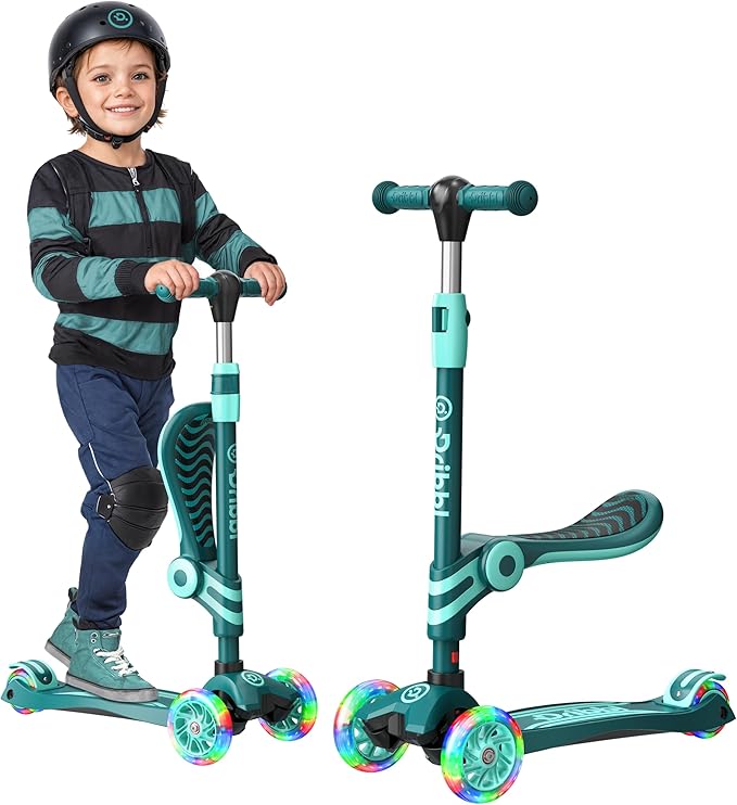 Aqua 3 Wheel Scooter with Seat for Kids – Light-Up LED Wheels, Adjustable Handlebar and Seat, Smooth PU Wheels, Wide Anti-Slip Deck, Rear Foot Brake – Toddler Outdoor Toys for Ages 2+-CubbioJoy