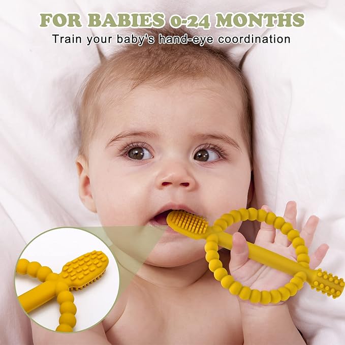 Baby Teething Toys with Easy-Hold Handle, Silicone Infant Toothbrush, Textured On Both Sides Helps Massage, Soothe Sore Gums, Teething Toys for Babies 0-6 Months, 6-12 Months-CubbioJoy