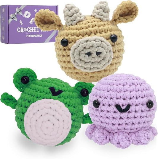 Crochet Kit for Beginners - Knitting Kit for Adults & Kids | Learn to Crochet Animals Frog Octopus Cow with Step-by-Step Video Tutorials-CubbioJoy