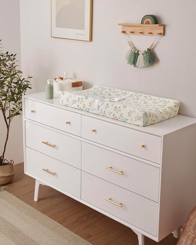 Blissful Diary Muslin Baby Changing Pad with Waterproof Lining Foam, Diaper Changing Table Pad with Cover for Dressers (Botanical Leaf, Rectangular)-CubbioJoy