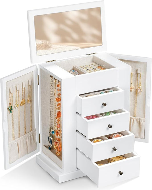 Jewelry Box for Women, 5 Layer Large Wood Jewelry Boxes & Organizers for Necklaces Earrings Rings Bracelets, Rustic Jewelry Organizer Box with Drawers and Mirror (Vintage White)-CubbioJoy