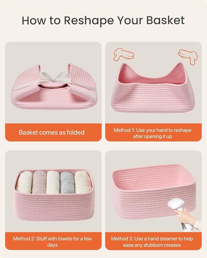 KALLAX Small Woven Basket, 13.5 x 9.5 x 5 Inches, Storage Basket for Organizing, Cute Small Rope Shelf Closet Cube Storage Bins Baskets for Shelves, Dog Toy Gift Baskets Empty, 3 Pack Light Pink-CubbioJoy