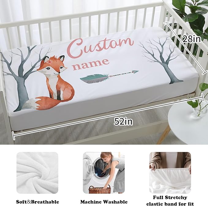 Custom Nursery Crib Bedding Set: Personalized Name 4 Piece Fox Pattern Baby Crib Sets for Girls - Toddler Double Layer Blanket Set, Comfortable Crib Bed Sheets for Baby Toddlers-CubbioJoy
