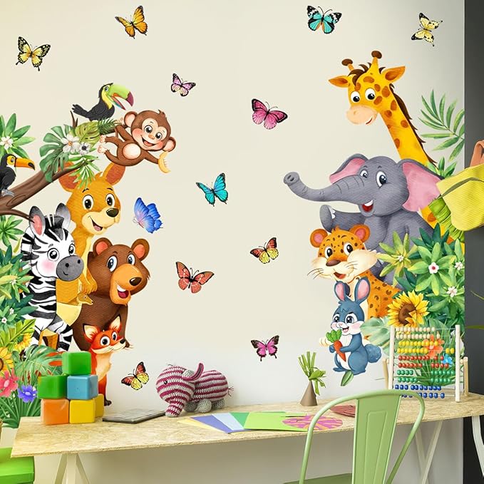 Jungle Animal Wall Decals, Cartoon Animal Sticker Safari Elephant Lion Monkey Wall Decals for Baby Room Playroom Bedroom Classroom Kindergarten Decor-CubbioJoy